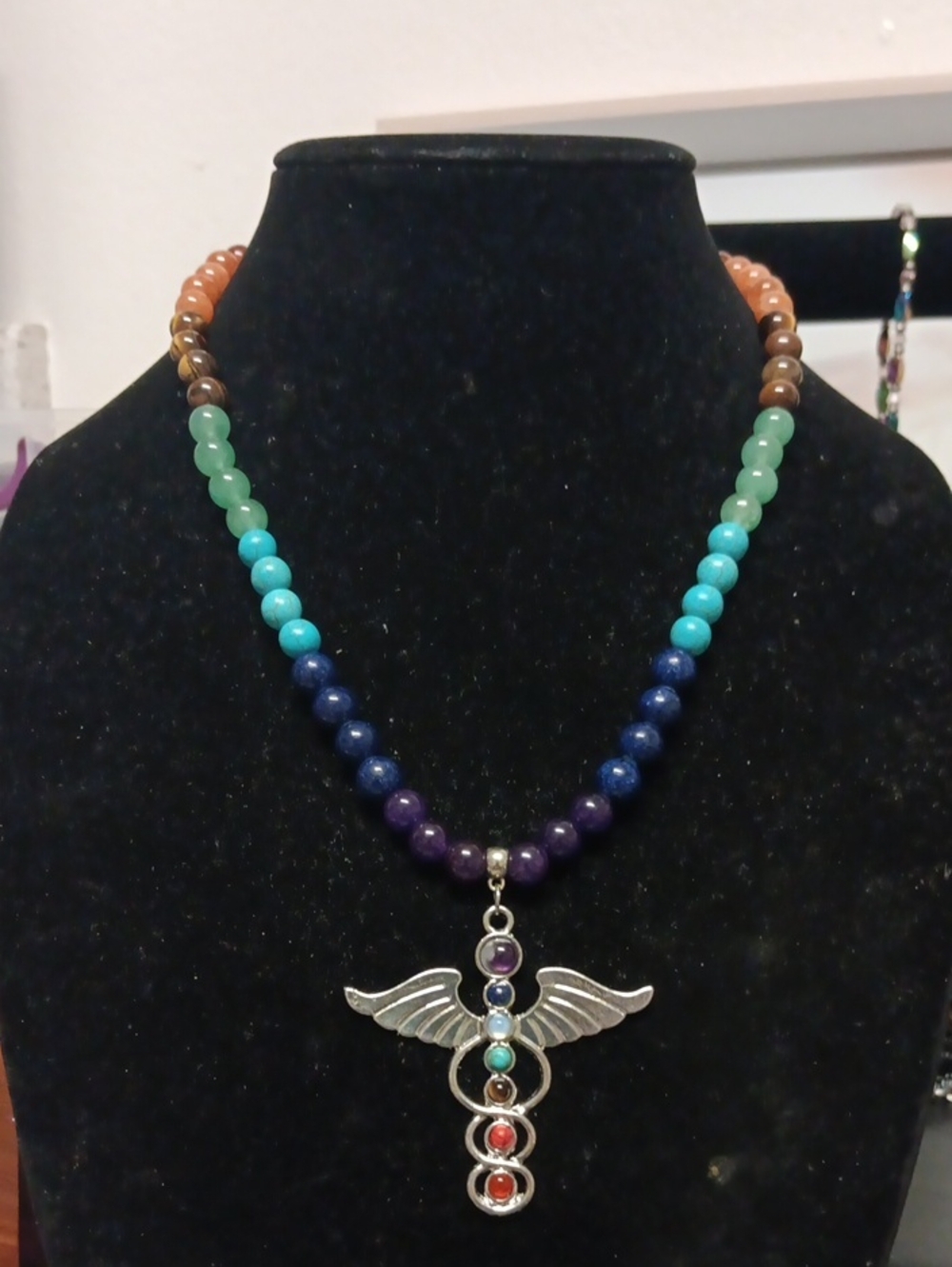 Multi Gemstone Beaded Seven Chakra Angel Wing Necklace (18-20 Inches)